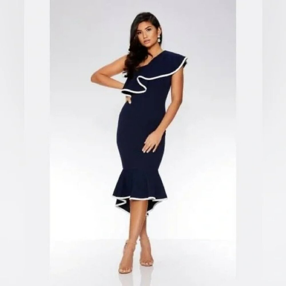 Quiz Nautical One Shoulder Large Collar Mermaid Hem Navy & White Dress Sz 6 NEW